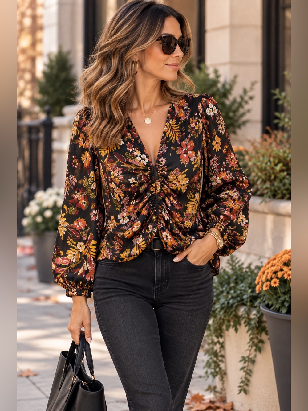 A Love Story Black Multicolor Floral Ruched V Neck Blouse Size Large
